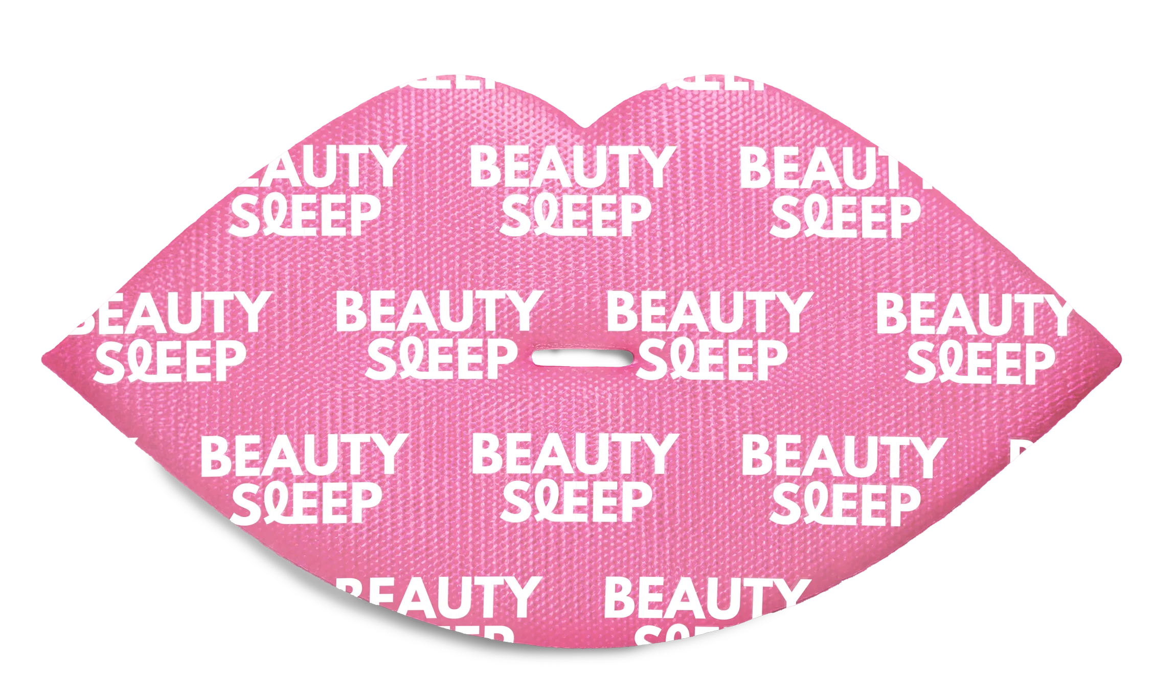 Pink lips with 'BEAUTY SLEEP' text pattern.