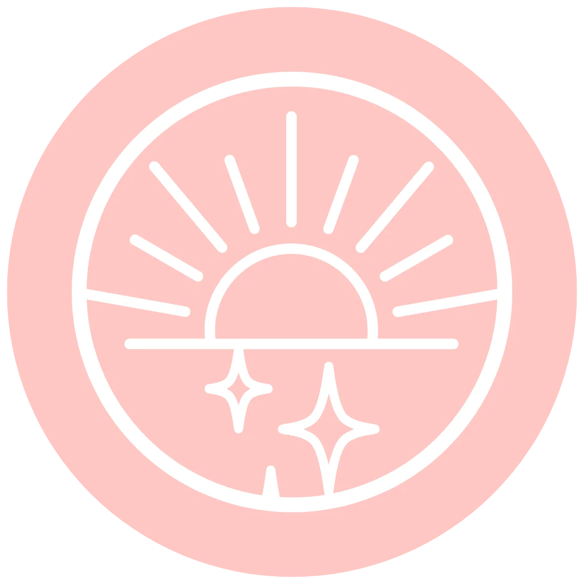 Minimalist sun and stars icon on a pink background.