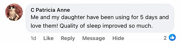 Facebook comment praising a product for improving sleep quality.