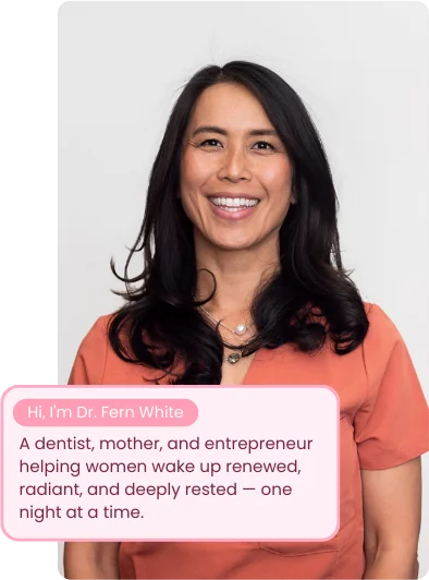 Smiling woman in a coral top with text about being a dentist and entrepreneur.