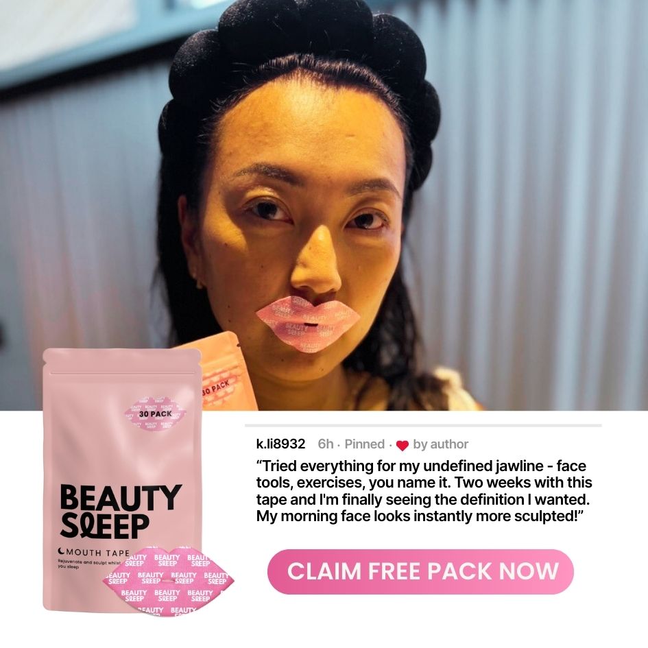 Person with lip-shaped tape on mouth, holding a Beauty Sleep product.