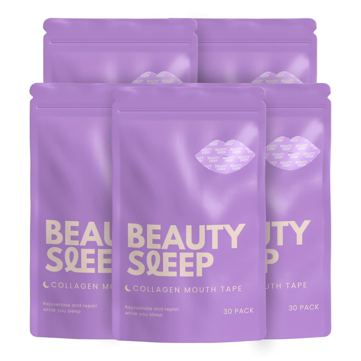 Four purple packages labeled Beauty Sleep collagen mouth tape.