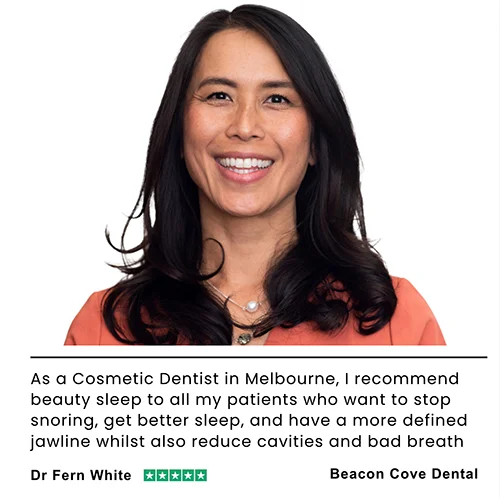Smiling woman with long dark hair, wearing an orange top, with text about dental advice below.
