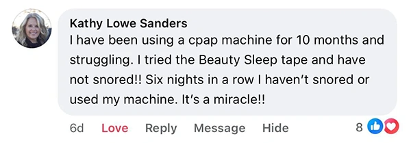 Facebook comment praising Beauty Sleep tape for stopping snoring.