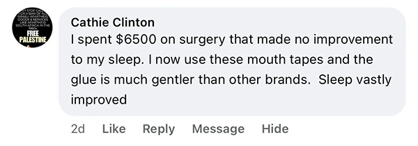 Social media comment about sleep improvement using mouth tapes.