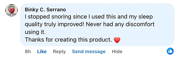 Facebook comment praising a product for improving sleep quality and reducing snoring.