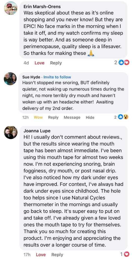 Three Facebook comments discussing positive experiences with a mouth tape product.