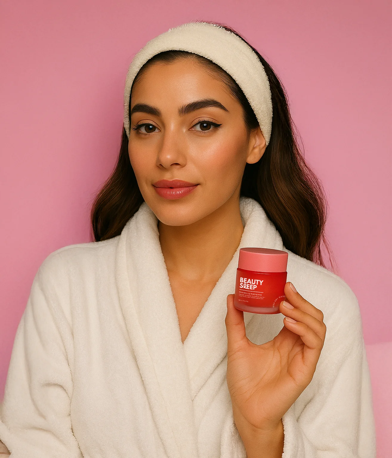 Person in a robe holding a red beauty product against a pink background.