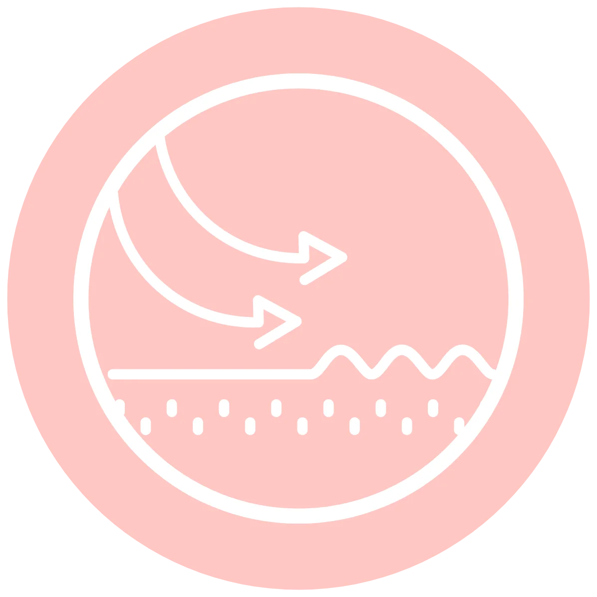 Illustration of arrows and wavy lines inside a pink circle.