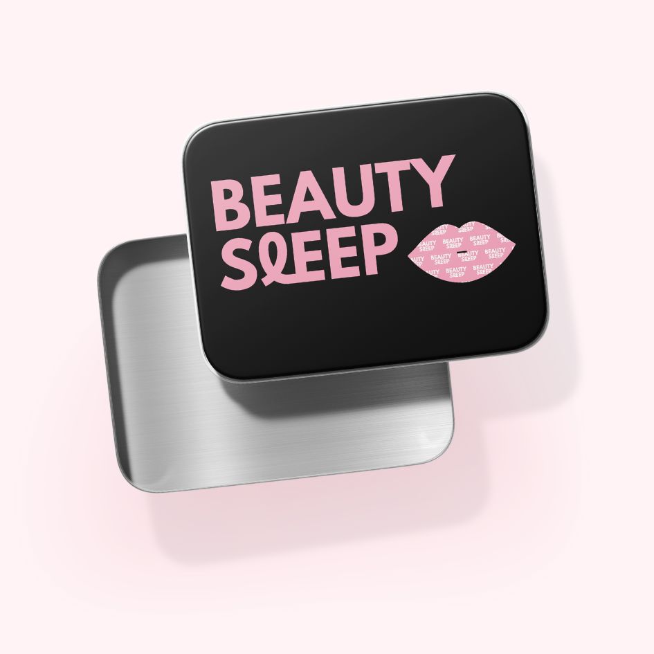 Black tin box with 'Beauty Sleep' text and pink lips design.