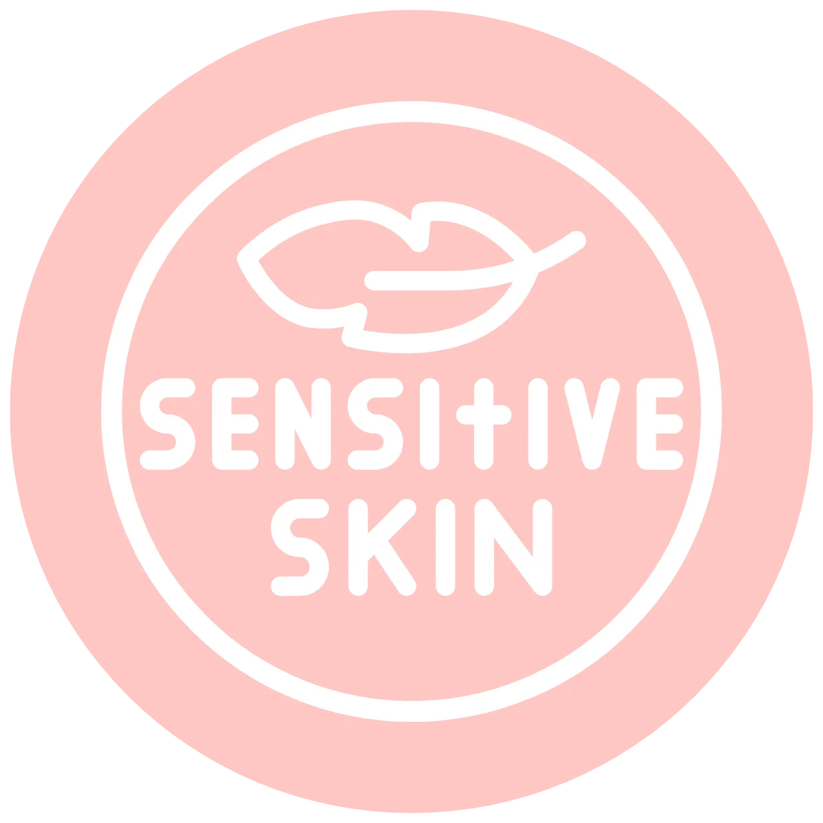 Pink circle with 'Sensitive Skin' text and a leaf icon.