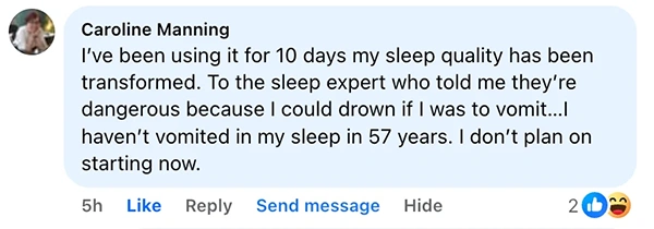 A Facebook comment discussing sleep quality and safety concerns.