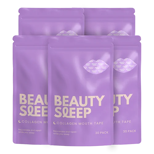 Five purple packets labeled 'Beauty Sleep Collagen Mouth Tape' with lip pattern.