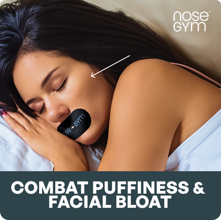 Woman sleeping on pillow with black nose clip, text overlay about puffiness and bloat.