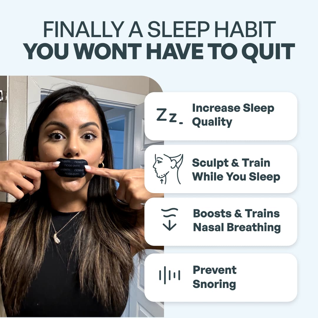 Woman demonstrating a nasal breathing aid with text about sleep benefits.