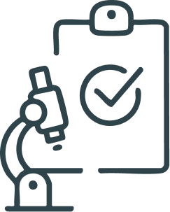 Outline of a microscope and a clipboard with a checkmark.