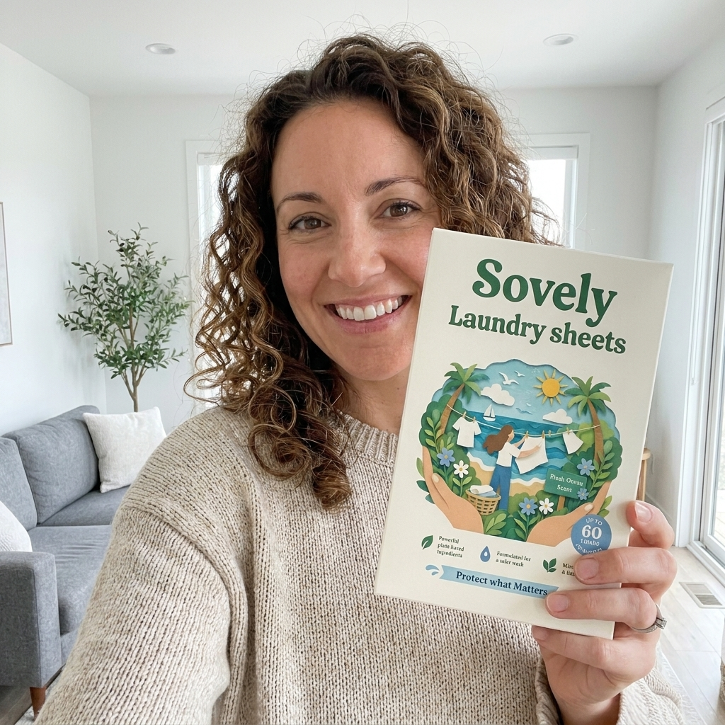 A smiling woman with curly hair holds up a box of Sovely Laundry sheets in a living room.