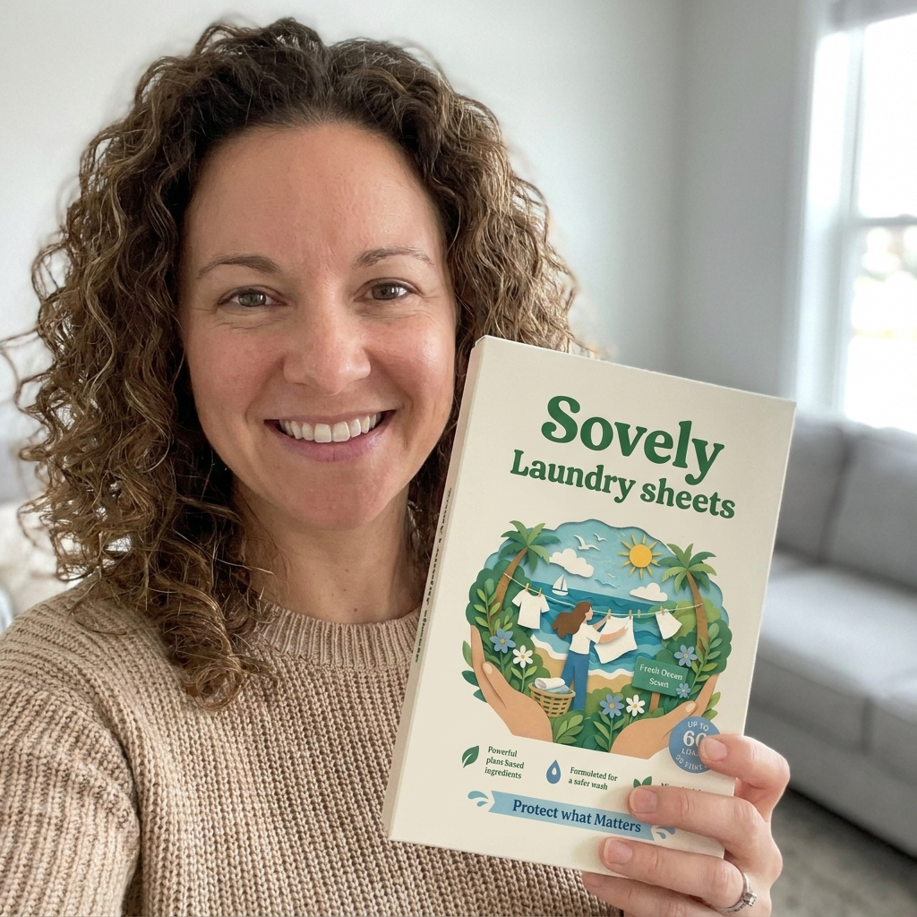 A smiling woman with curly hair holds up a box of Sovely Laundry sheets in a living room.