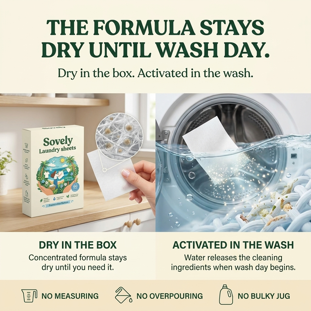 An advertisement showing how laundry sheets work, from being dry in the box to activating in the wash.