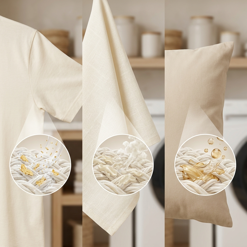 A triptych showing a t-shirt, towel, and pillow, with magnified graphics of particles on their fabric.