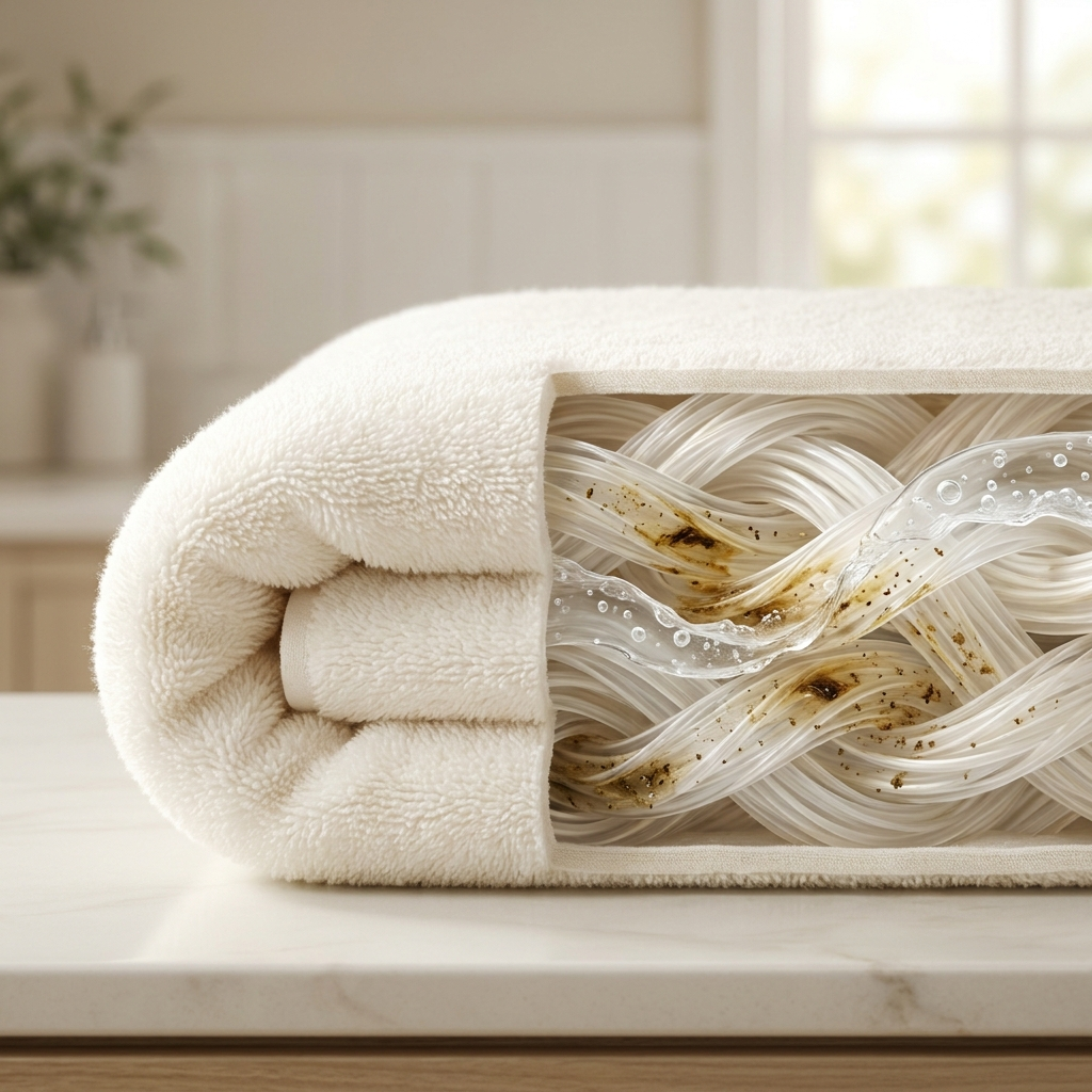 A cross-section of a folded white towel showing water cleaning dirt from its internal fibers.