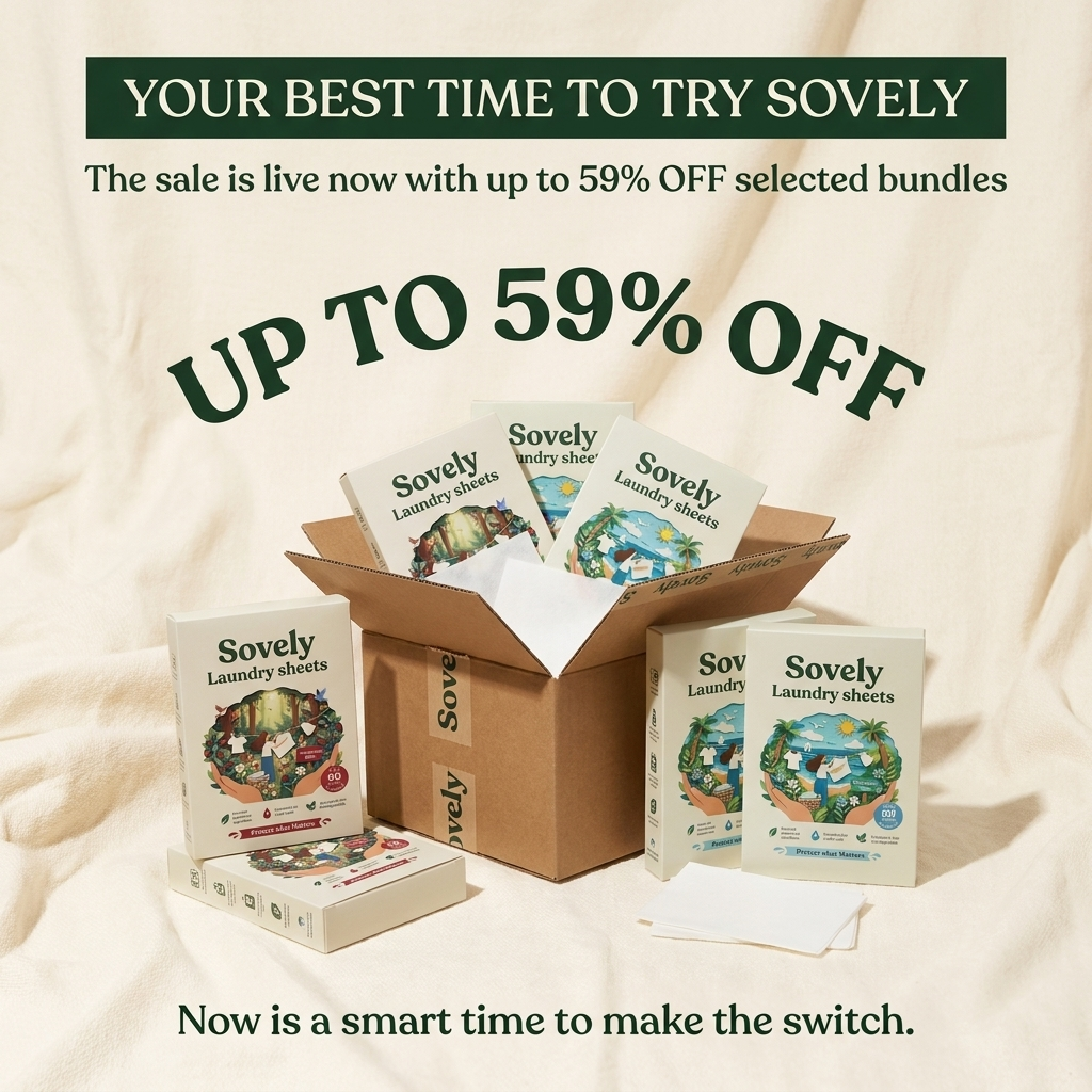 An advertisement for Sovely laundry sheets showing multiple boxes of the product and a sale announcement.