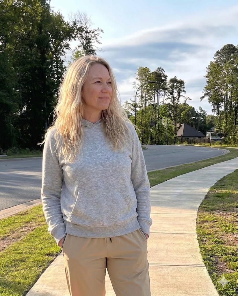 A woman with blonde hair in a grey hoodie stands on a sidewalk in a suburban neighborhood.