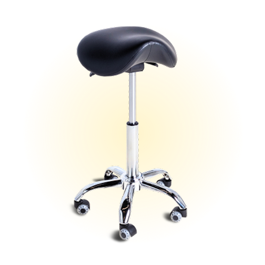 Black saddle stool with chrome base and wheels on a light background.