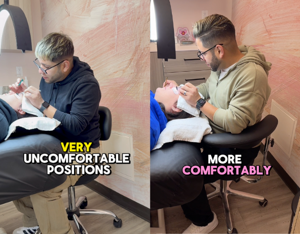 Two images comparing uncomfortable and comfortable working positions in a salon setting.