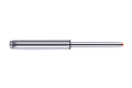 A black and silver pen with a red tip on a white background.