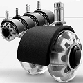 Close-up of transparent caster wheels with black mounts.