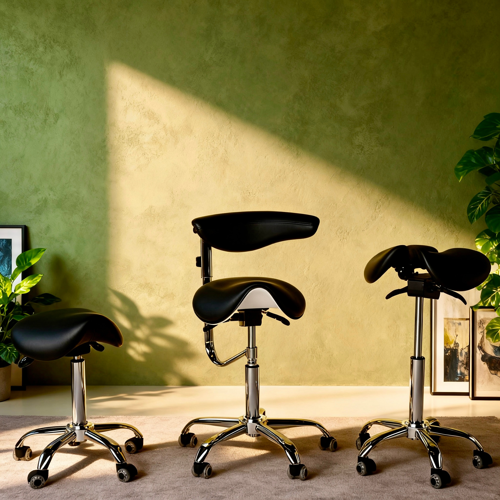 Three black adjustable saddle stools with wheels on a sunny floor.