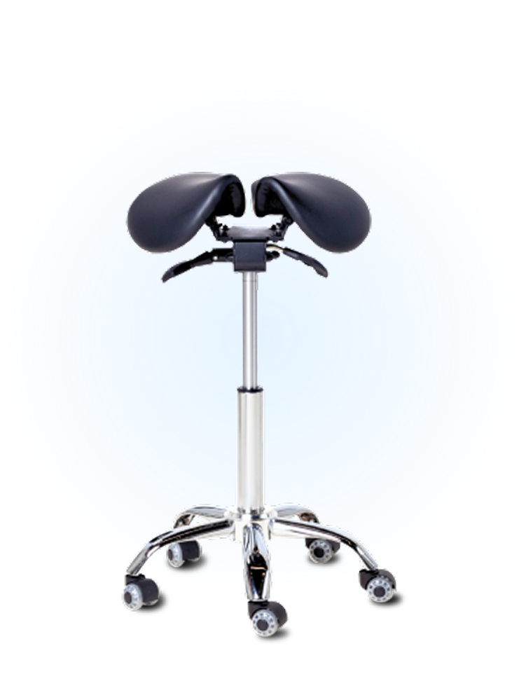 Black ergonomic saddle chair with wheels on a chrome base.