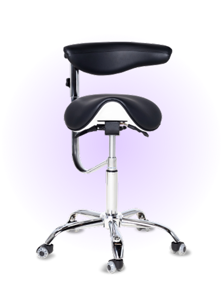 Black ergonomic saddle chair with wheels on a purple background.
