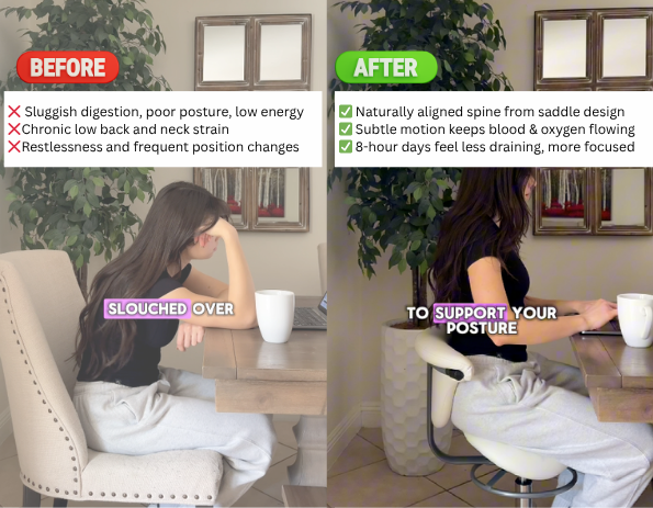 Split image showing slouched and upright sitting posture with text 'Before' and 'After' above.