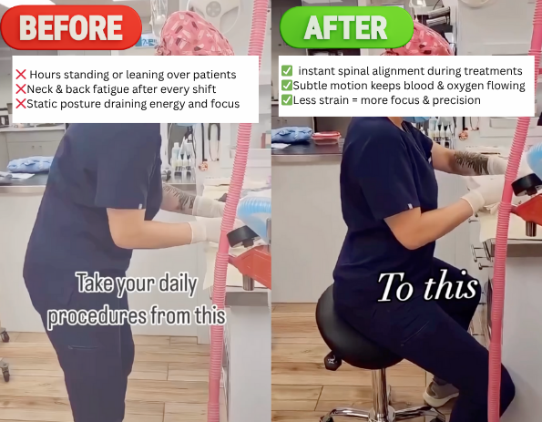 Person demonstrating different postures before and after using ergonomic seating in a medical setting.