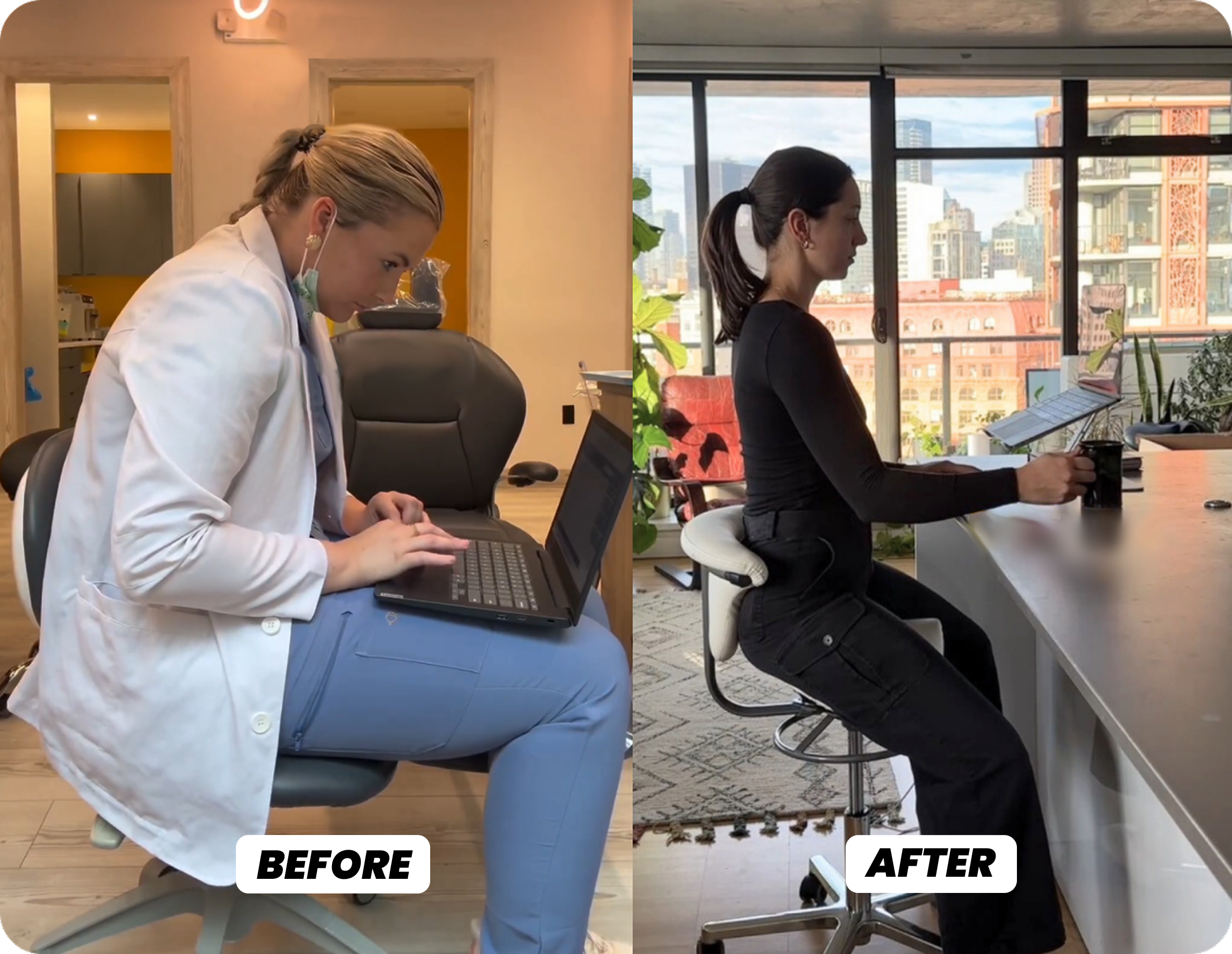 Two images showing different sitting postures labeled 'Before' and 'After.'