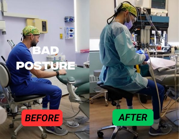 Comparison of dentist's posture: slouched before, upright after.