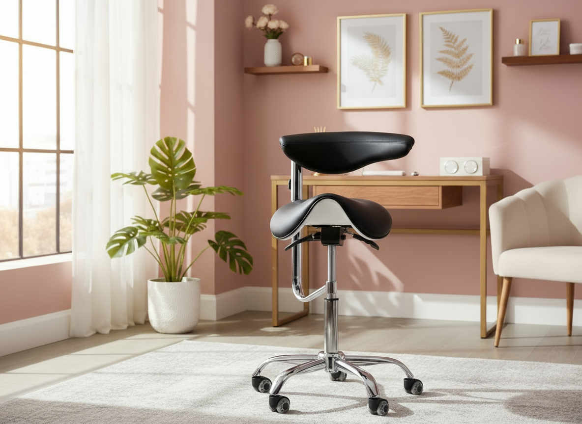 Black ergonomic chair in a pink room with plants and framed art.