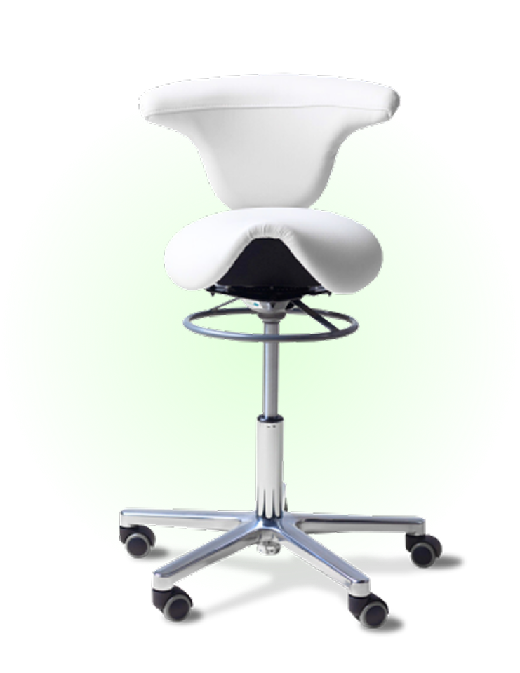White ergonomic chair with wheels and a circular footrest.