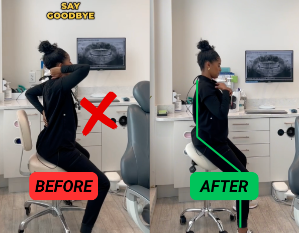 Two images showing before and after posture correction in a dental office.