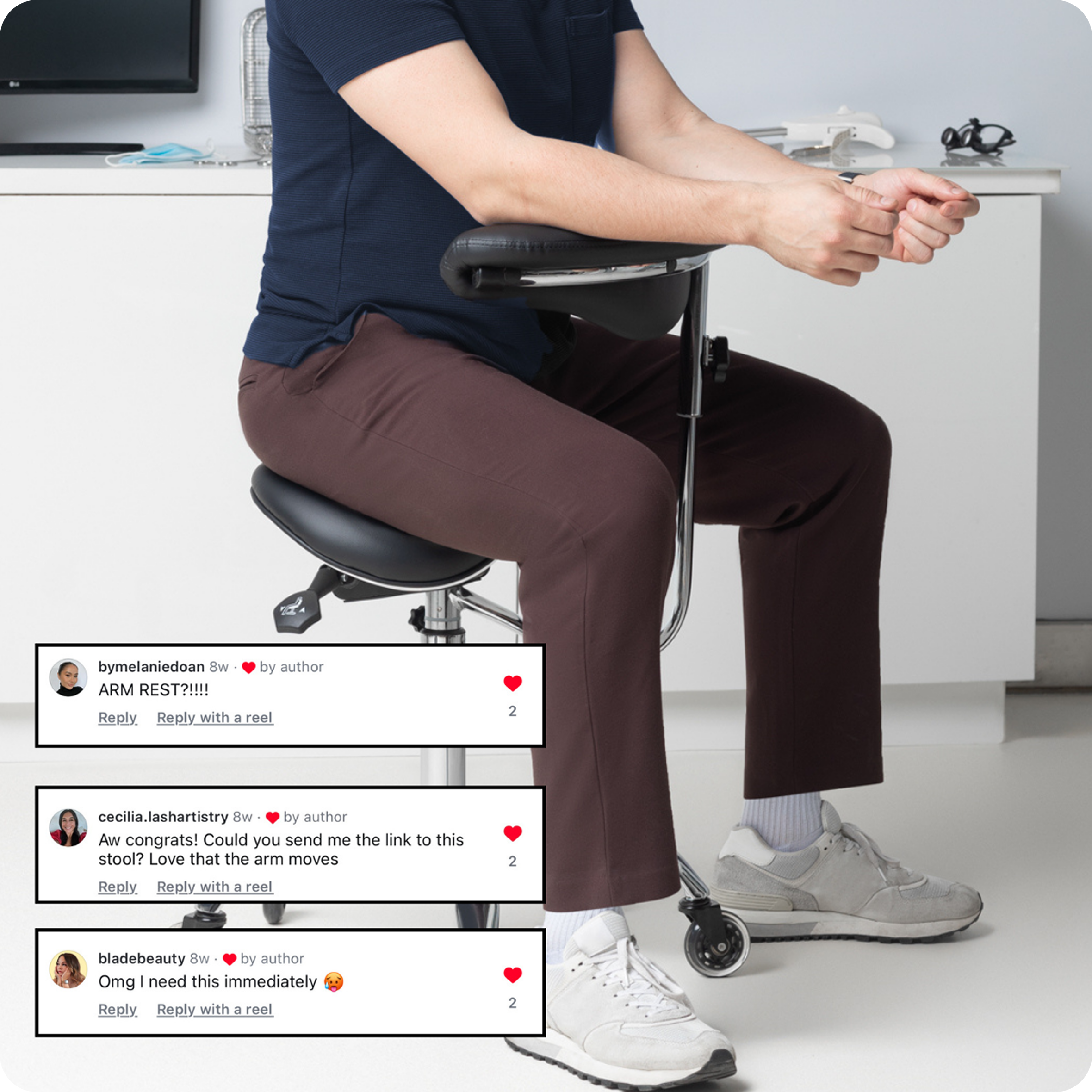Person sitting on a stool with armrest, comments displayed below.