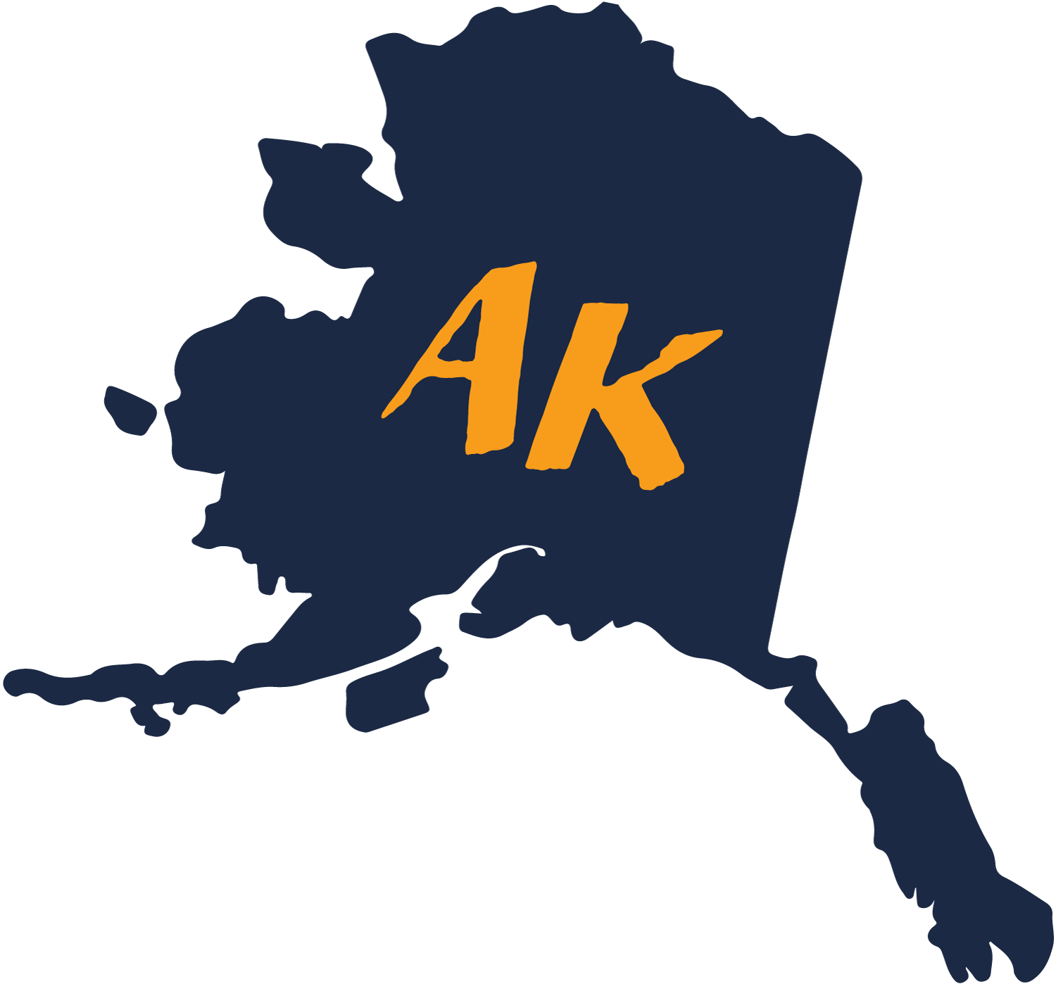 Silhouette of Alaska with 'AK' in orange letters.