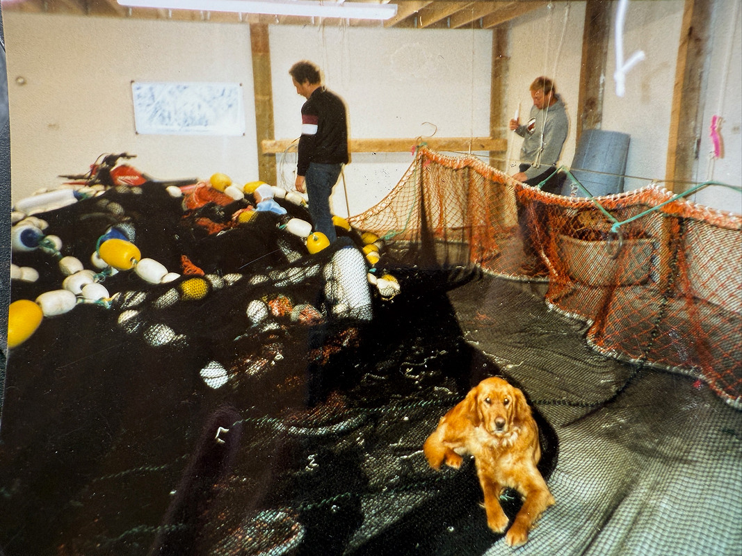 People and dog near fishing net