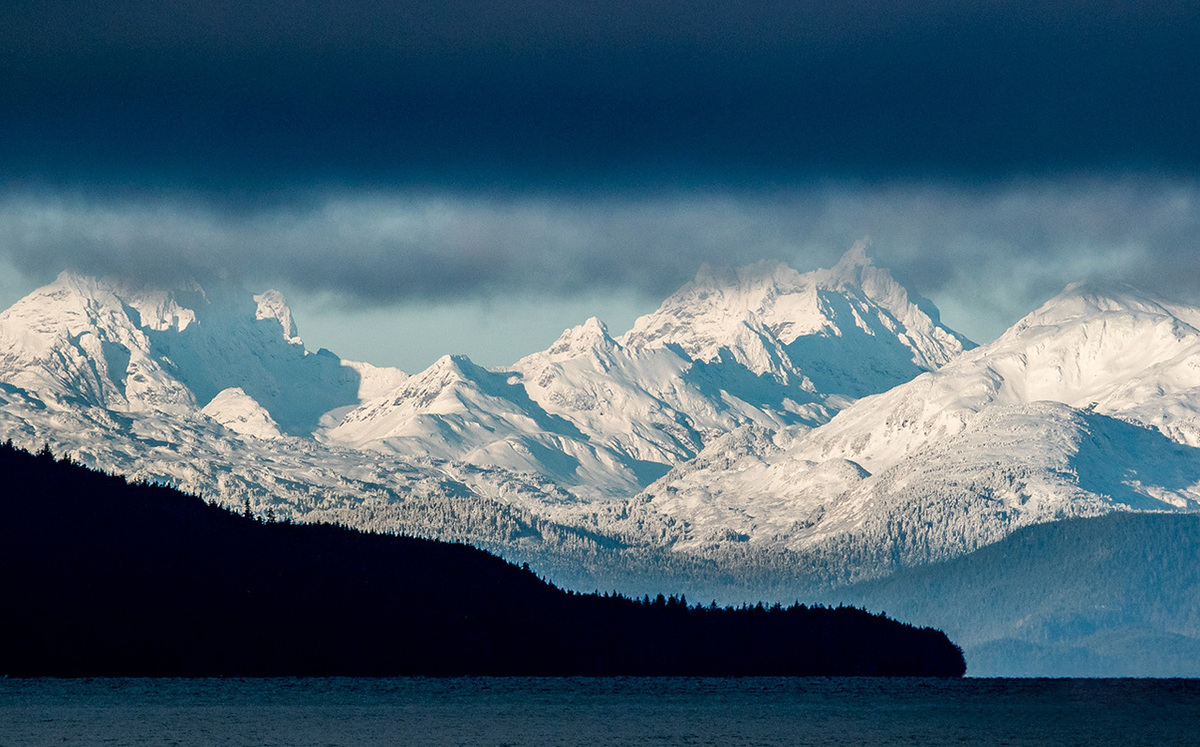 Snow-covered mountains under a cloudy sky with a dark forest in the foreground.