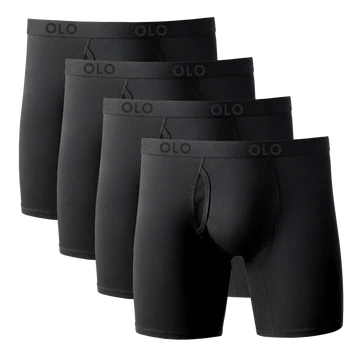 Four pairs of black men's boxer briefs in a row.