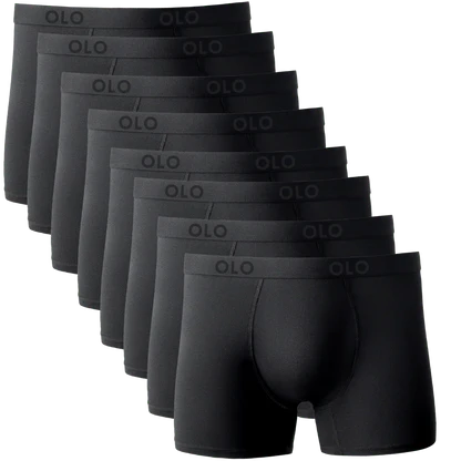 Eight black boxer briefs stacked in a row.