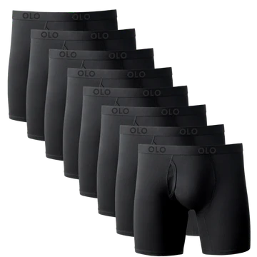 Set of black men's boxer briefs stacked diagonally.