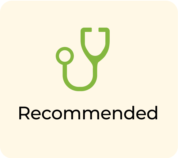 Green stethoscope icon above the word 'Recommended' on a beige background.