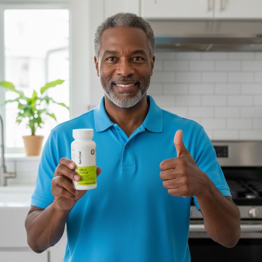 Man in blue shirt giving thumbs up, holding a health supplement bottle.